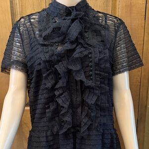 Oscar de la Renta Black Lace Ruffle Blouse
20.5” pit to pit
26.5”L 
6” sleeve